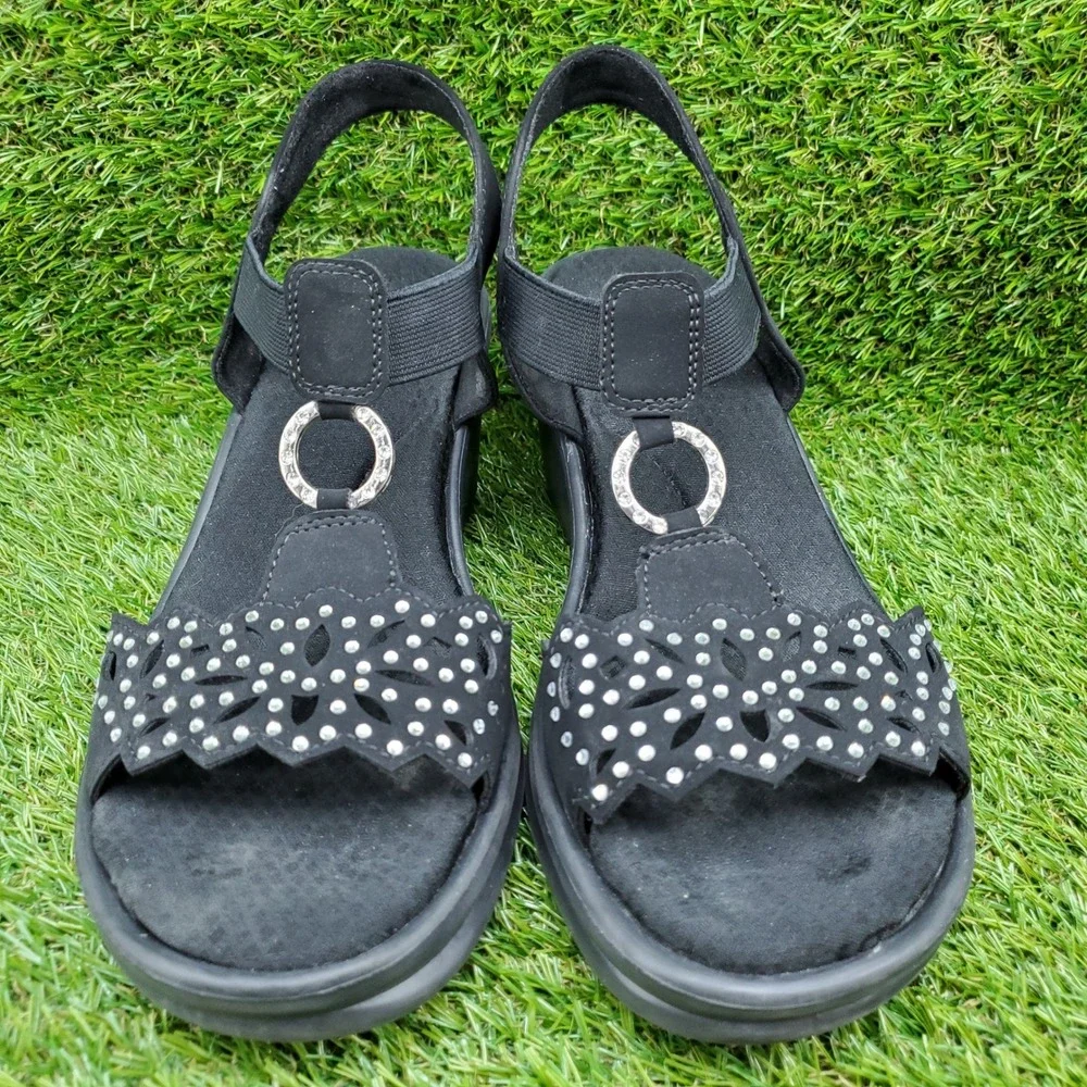 Skechers Rumblers Queen B SIZE 9.5 Women's Memory Foam Wedge Sandals Black